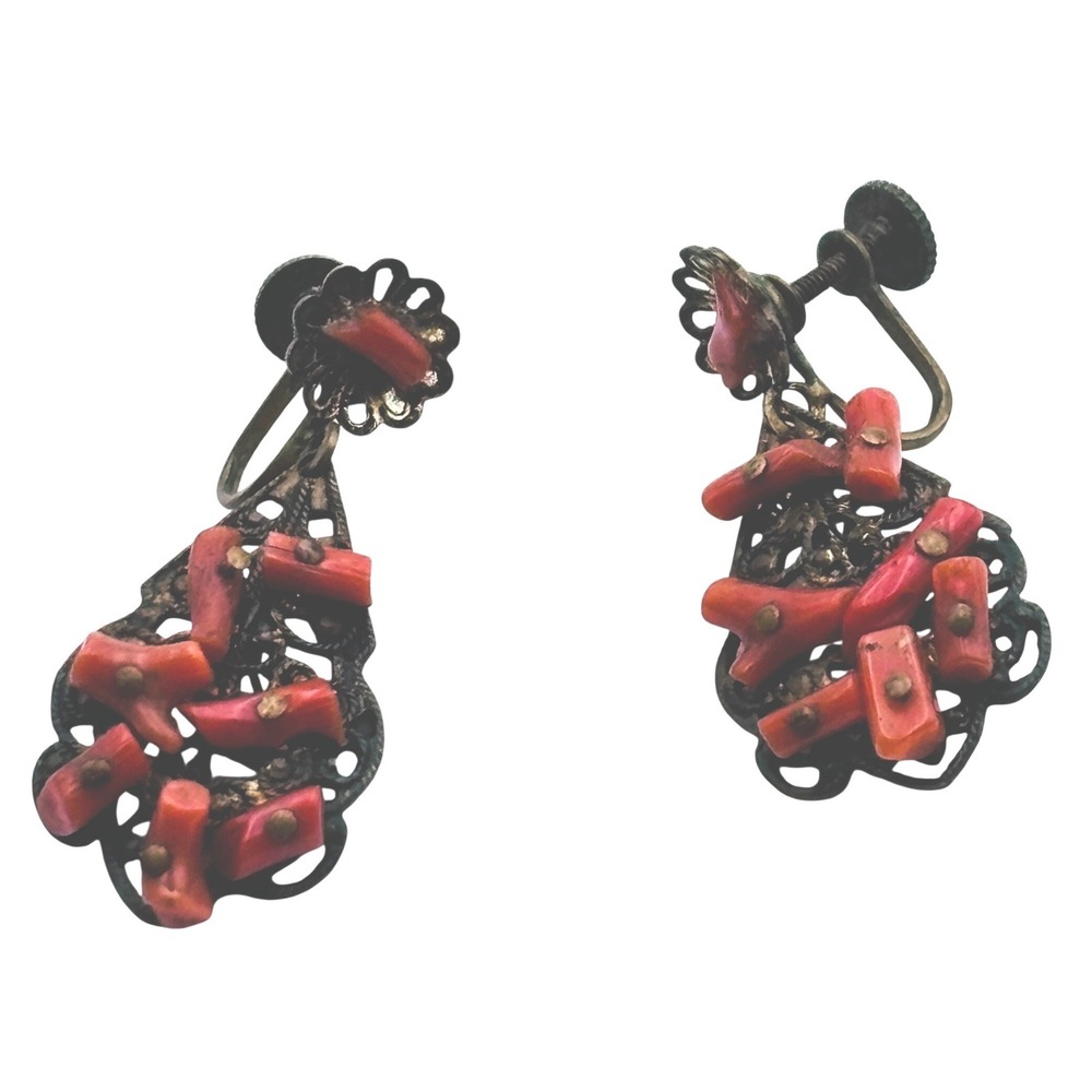 Vintage Red Coral Filigree Drop Earrings Screw Back Brass Tone Antique gift idea